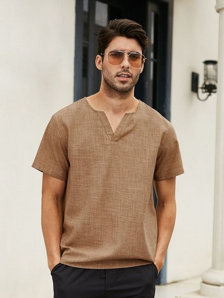 

men notched neckline shirt y71t#, White;black