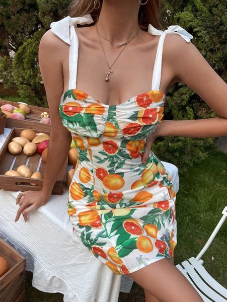 

fruit print ruched bust tie shoulder dress a3i9#, Black;gray