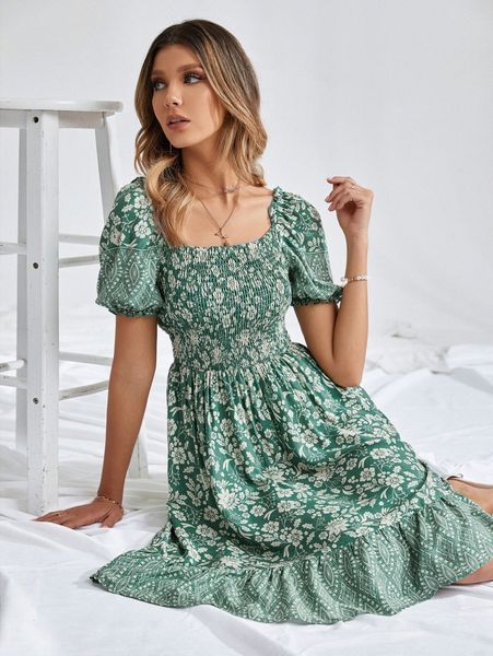 

floral print shirred bodice puff sleeve ruffle hem dress o5u1#, Black;gray