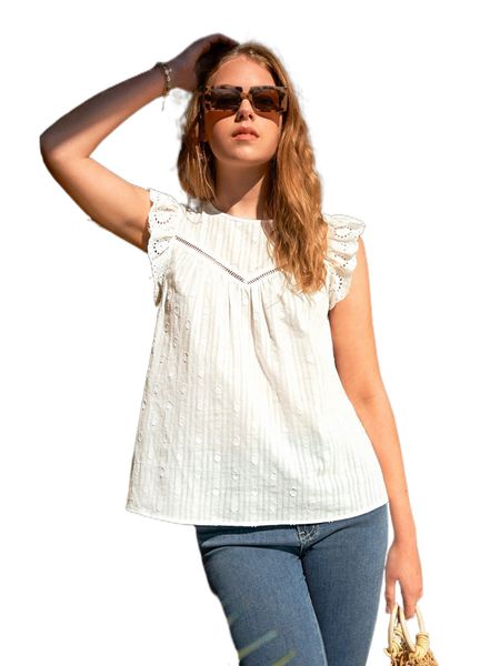 

butterfly sleeve keyhole back blouse b3fq#, White