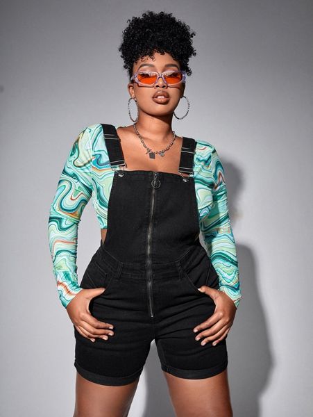 

plus zip front denim overalls c5ts#, Black;white