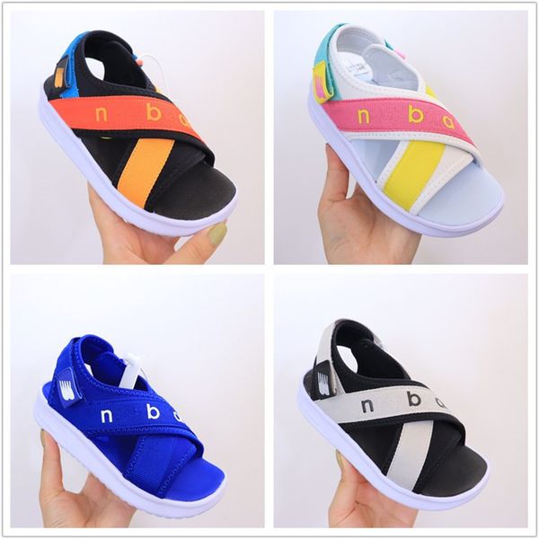 

summer youth kids letters printed contrast color sandals designers boys girls hook loop outdoor travel beach non-slip sneakers slippers indo, Black;red