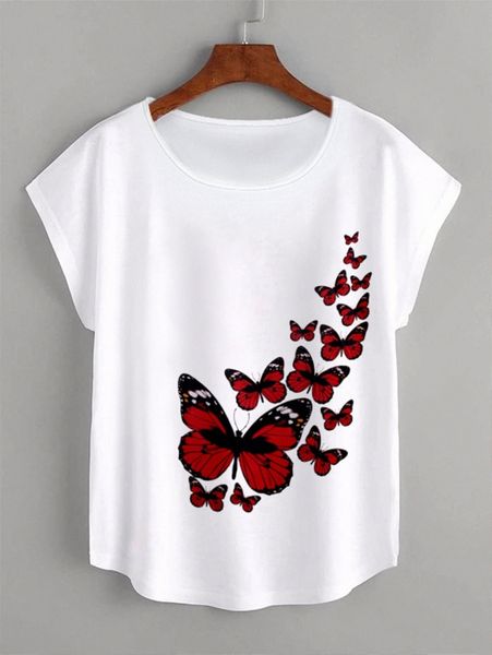 

butterfly print batwing sleeve tee d2gn#, White