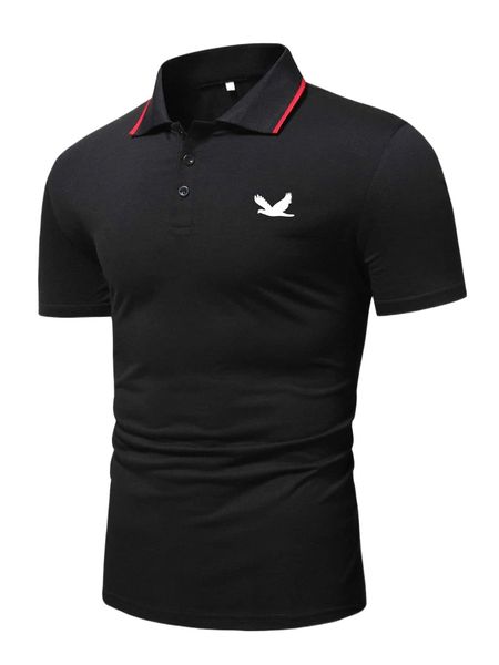 

men bird print contrast trim polo shirt p2c9#, White;black