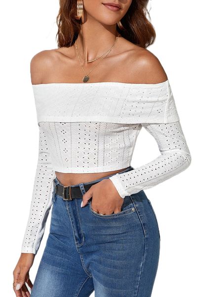 

off shoulder eyelet embroidery crop tee h1as#, White