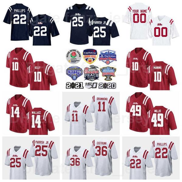 NCAA Football Ole Miss Rebels College 10 Eli Manning Maglie Chad Kelly 49 Patrick Willis 14 Bo Wallace 22 Scottie Phillips 84 Kenny Yeboah Nome personalizzato Numero Uomo Vendita