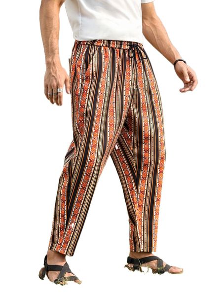 

men striped & chevron print drawstring pants b4s1#, Black