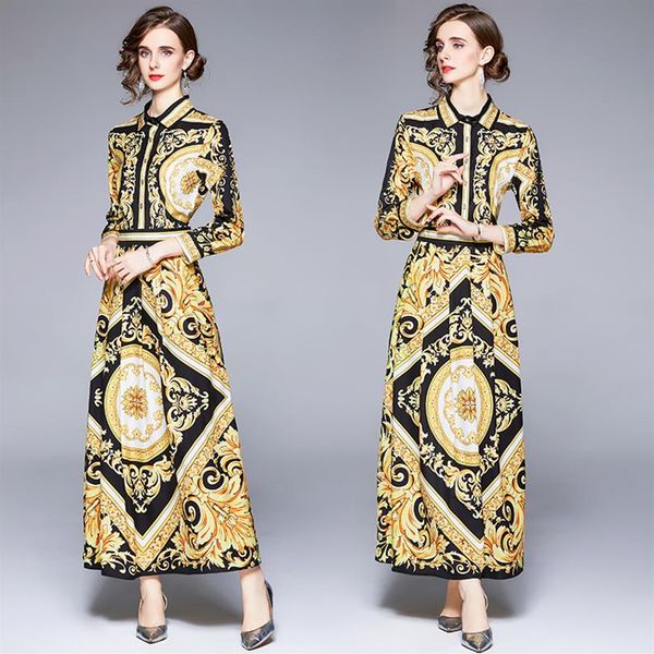 

baroque print vintage maxi dress 2021 designer lantern sleeve casual resort party runway button shirt dresses spring autumn office279d, Black;gray