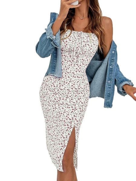 

ditsy floral print knot front split thigh cami dress b1fm#, Black;gray