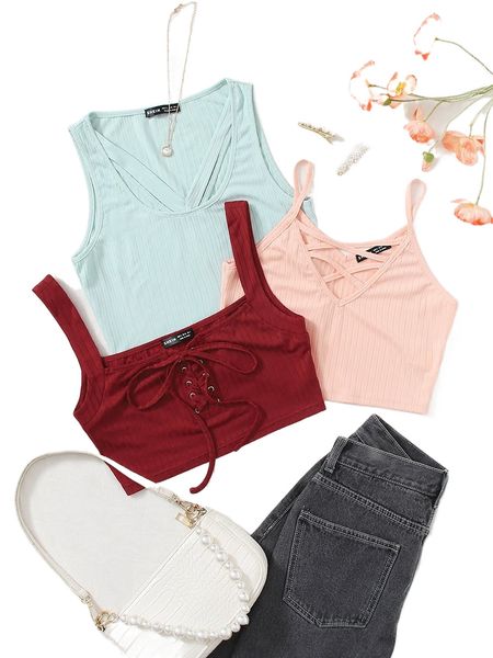 

3pcs rib-knit solid tank w60q#, White