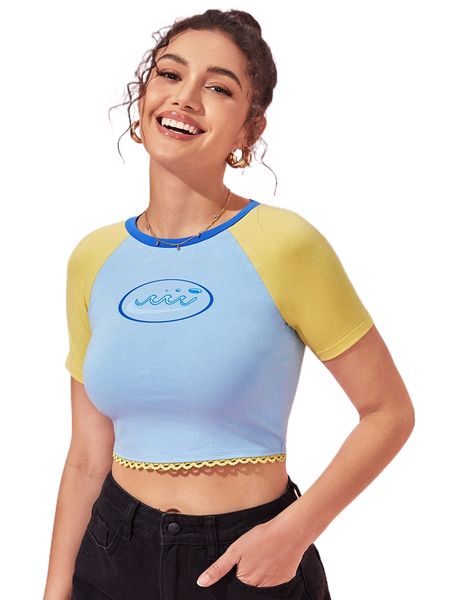 

x amanda avery graphic print colorblock raglan sleeve crop tee j9dg#, White