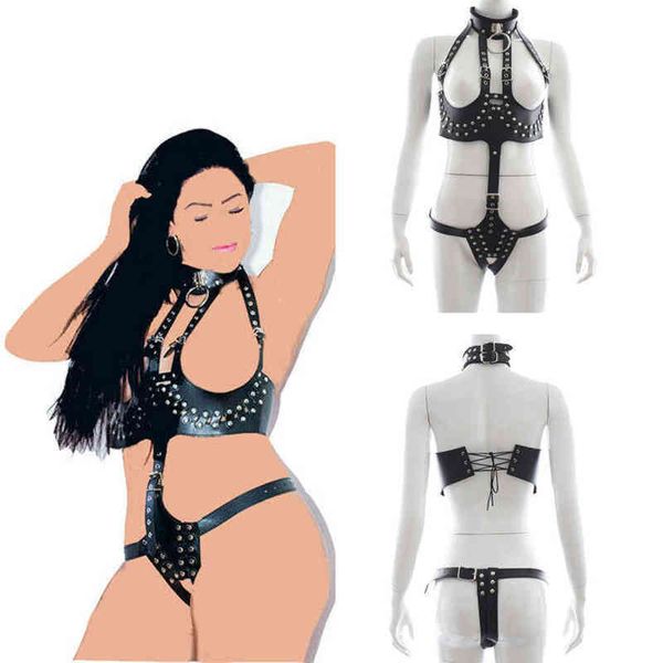 Nxy SM Bondage Donne Lingerie sexy Corsetto senza coppe Reggiseno Pu Leather Club Wear Costume Harness Mutandine Bdsm Collo Biancheria intima Sex Toys220419