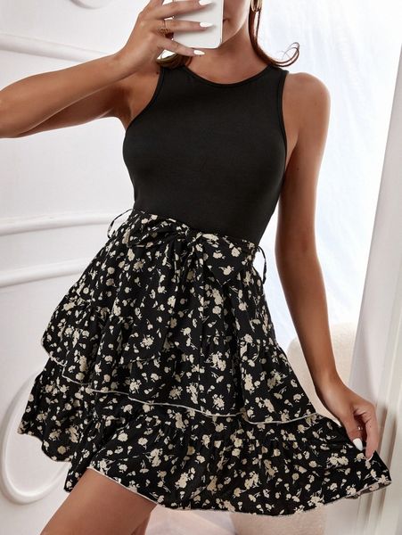 

floral print layered hem belted a-line dress f2t2#, Black;gray