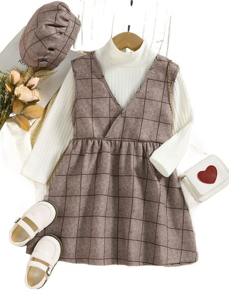 

toddler girls mock neck tee & plaid print dress & hat 78c1#, Black;white