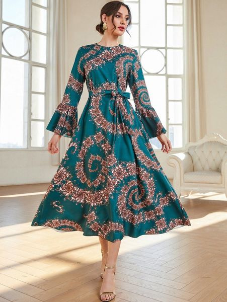 

floral print flounce sleeve belted dress 99vg#, Black;gray