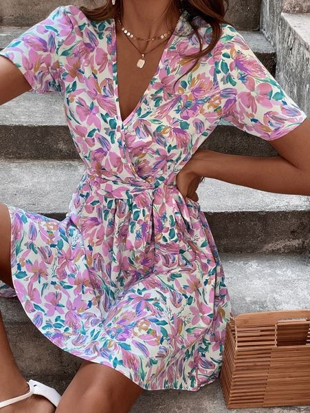 

allover floral print belted dress c0do#, Black;gray