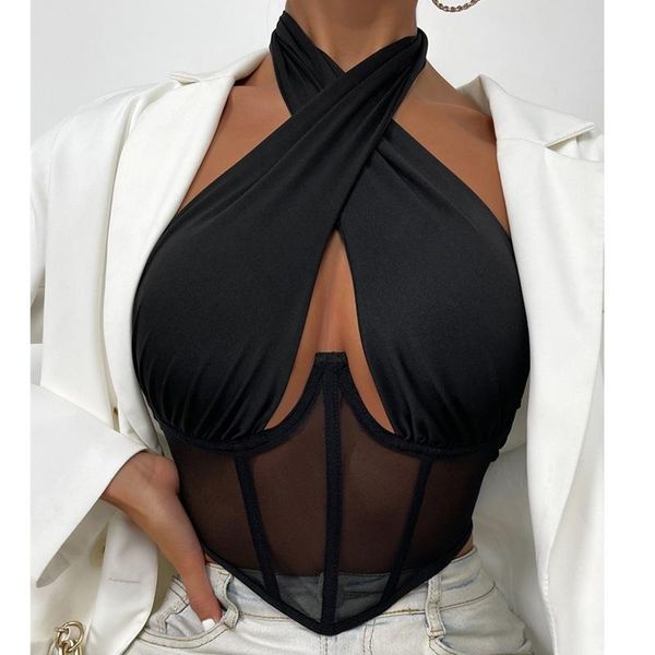 

women's tanks & camis cross halter corset bustier mesh bone tank women tie up wrap tube backless slim fit cut out front, White