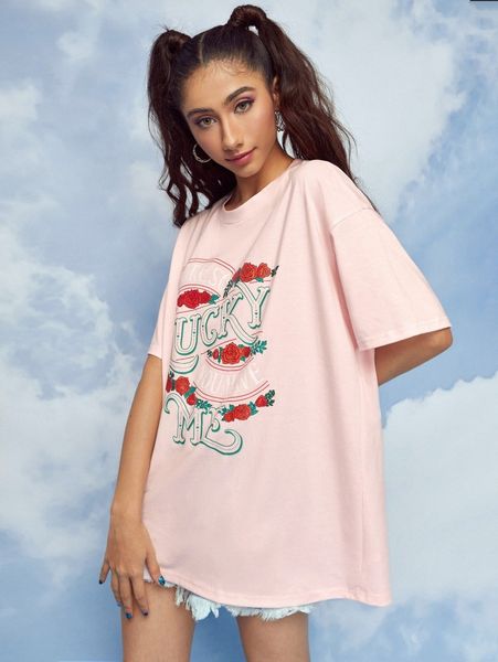 

romwe letter floral graphic drop shoulder tee v3ic#, White