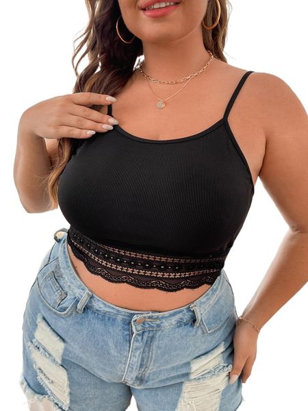 

plus contrast lace ribbed knit crop cami d8vv#, Black