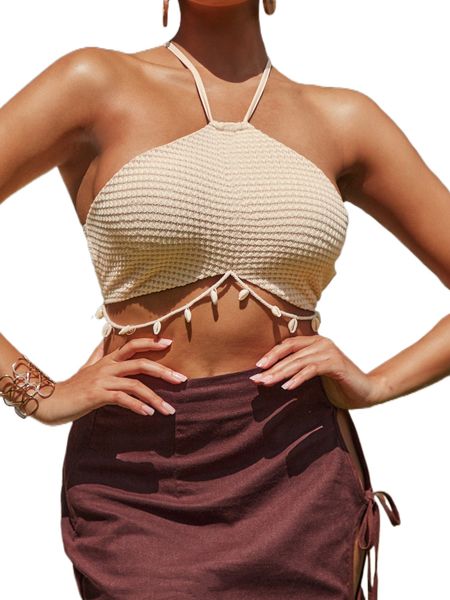 

sxy crisscross tie backless shell crop halter a21z#, White