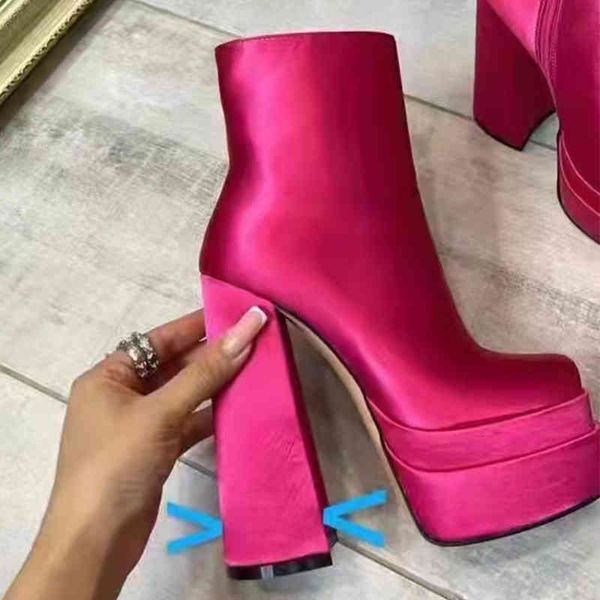 

boots super high heel thick bottom double waterproof platform square head satin large size catwalk short boots for women 24ar, Black