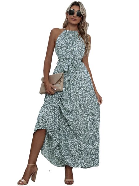 

ditsy floral print ruffle hem belted halter dress 87fl#, Black;gray