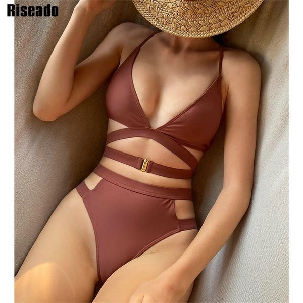 

riseado high waist women's bikini cut out swimsuit solid women swimwear v-neck bathing suit buckle decor biquinis set 220418, White;black