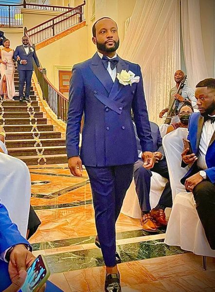 

brand new navy blue men wedding tuxedos double-breasted groom wear fashion men blazer 2 piece suit prom/dinner dress custom made formal clot, Black;gray