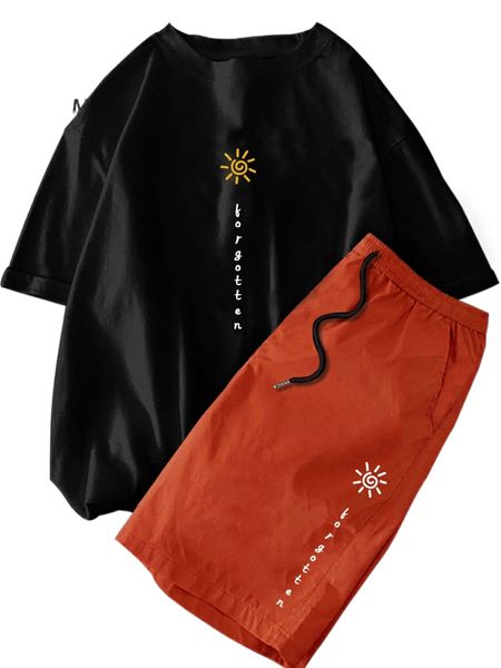 

men sun & letter graphic tee & shorts o7xg#, Gray