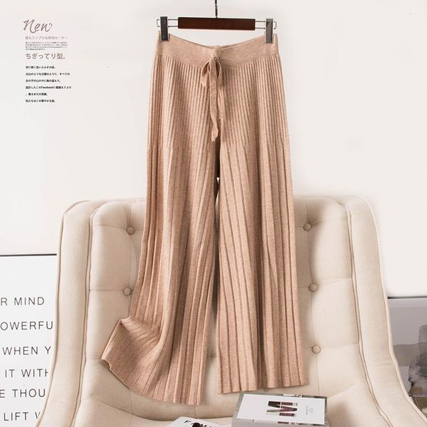 

autumn winter capri comfortable extra thicker cashmere pleated trousers womens knit casual loose wool wide leg pants, Black;white
