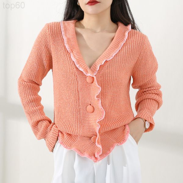 

women's sweaters designer []autumn and winter new korean v-neck trumpet sleeve knitted cardigan coat women's ruffle edge thin fash, White;black