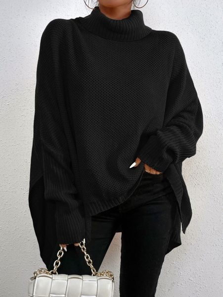 

funnel neck batwing sleeve high low sweater u8xc#, White;black