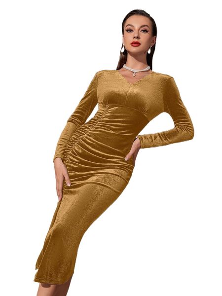 

ruched split thigh velvet bodycon dress h9jy#, Black;gray