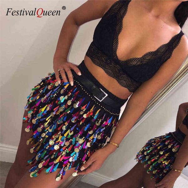 

festivalqueen attractive sequins tassel beach mini skirt women summer high waist basic party club short skirts for lady t220819, Black