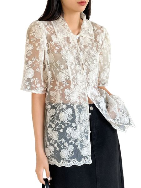 

dazy floral embroidery mesh puff sleeve blouse without bra w5sv#, White