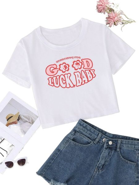 

1pc floral & letter graphic tee g8ow#, White