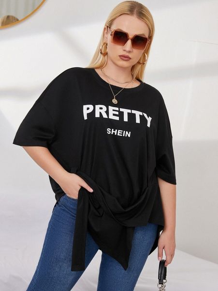 

plus letter graphic drop shoulder asymmetrical hem tee o3ni#, Black