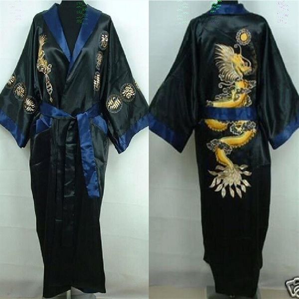 

chinese double-face men silk satin men's dragon kimono robe gown bathrobe dress278f, Black;brown