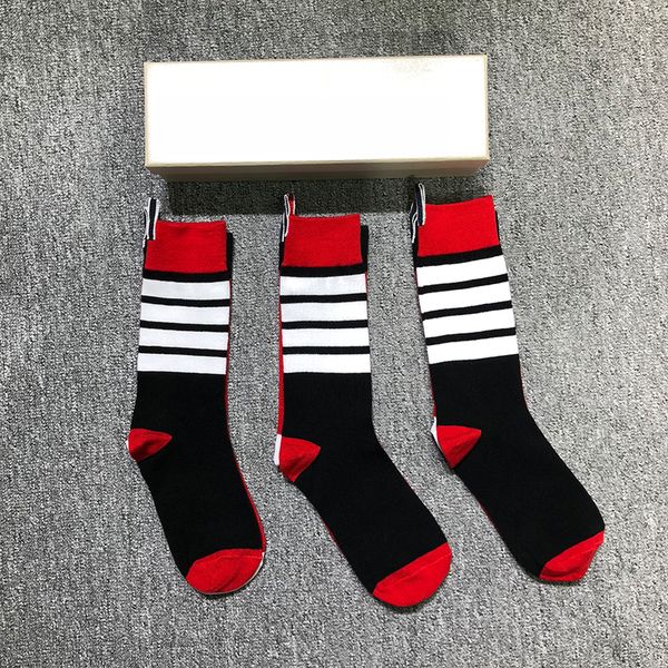 

tb men's socks luxury brand multicolor fun-mix socks women's 4-bar stripes cotton street fashion wholesale stockings ins 3 pairs, Black