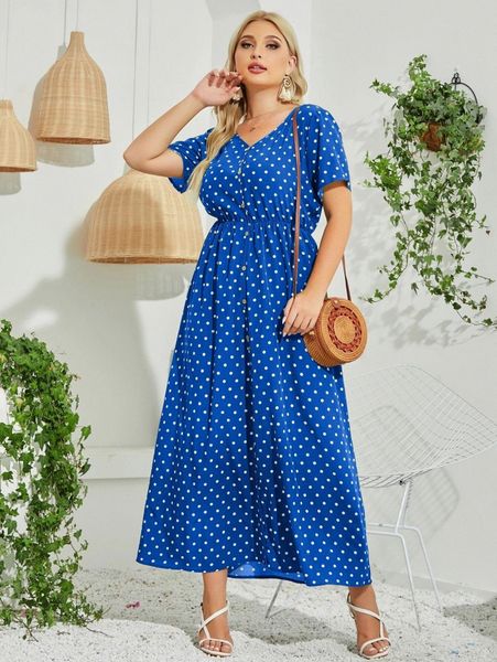 

plus polka dot v neck a-line dress l97d#, Black