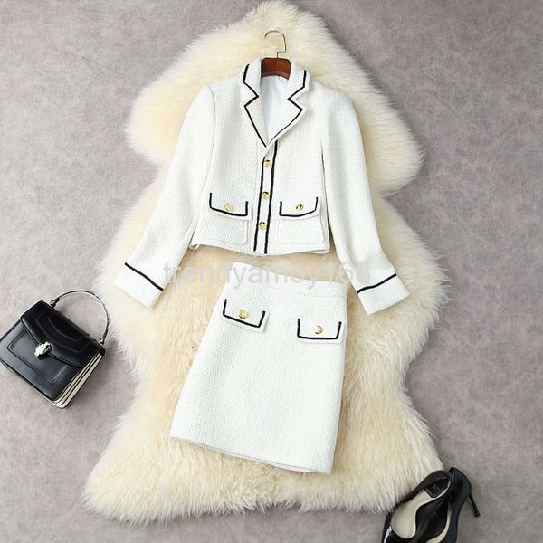

women's two piece pants autumn winter women's suit collar pocket short coat + tweed high waist skirt temperament 12538, White