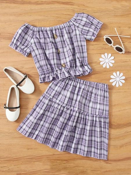 

girls tartan puff sleeve fake button ruffle hem & skirt she, White