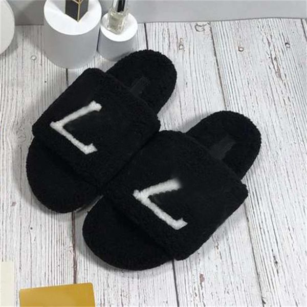 

2022 designer wool slippers winter fluffy letter sandals fashion woman slipper warm comfortable slides fuzzy girl sandal size 35-42, Black