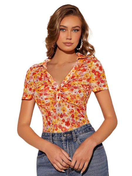

allover floral print ruched mesh tee j8t1#, White