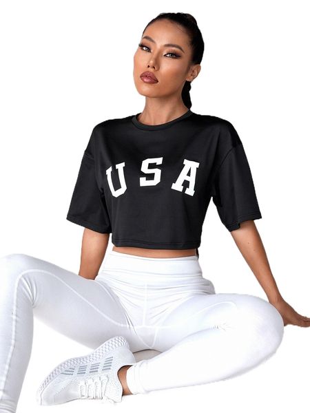 

letter graphic drop shoulder crop sports tee i7ii#, Gray