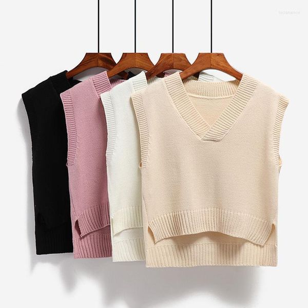 Damenwesten Frauen Pullover Weste 2022 Frühling Herbst Ärmellos Lose Kurze Strickpullover Damen V-Ausschnitt Pullover Tops Weibliche Oberbekleidung Luc