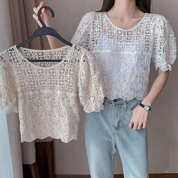 Frauen Blusen Shirts Koreanische Stickerei Spitze Hemd Bluse Frauen Crop Tops 2022 Sexy Aushöhlen Floral Häkeln Vintage Sommer für Strickjacke