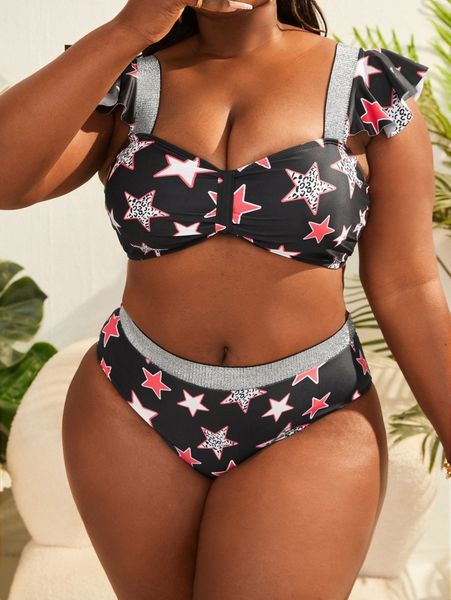 

plus star print bikini swimsuit d4on#, White;black