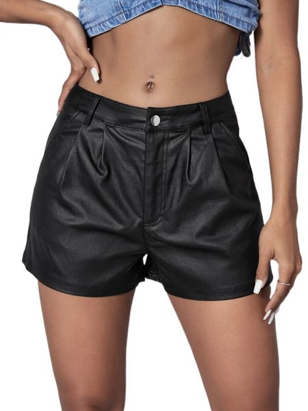 

fold pleated detail denim shorts 74xl#, White;black