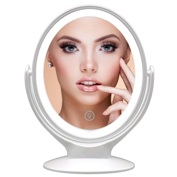 Specchio per trucco da viaggio a LED con luce per il trucco Specchio cosmetico rotondo con ingrandimento portatile Specchio cosmetico portatile bianco aesfee doppi lati ingrandimento 1x/7x